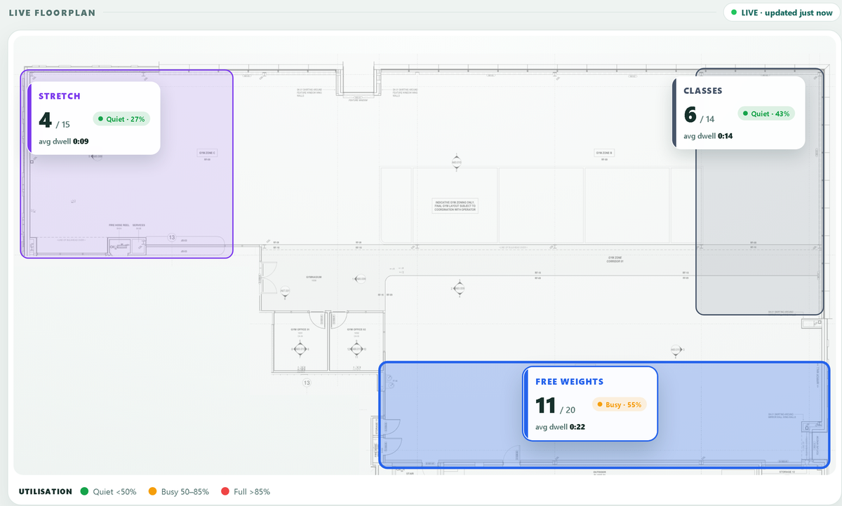 The Constructio dashboard showing a live occupancy floor plan