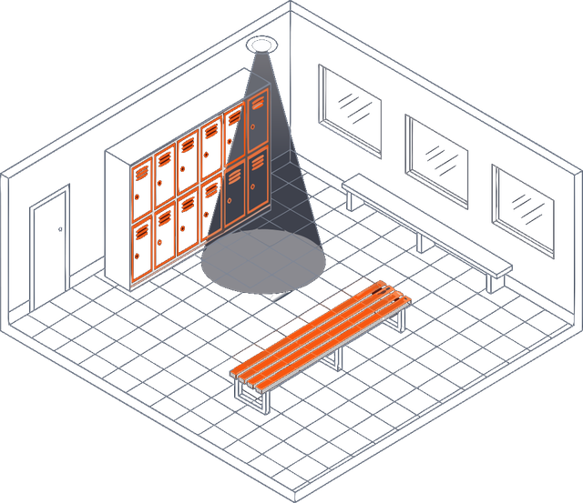 Isometric illustration of a change room with a ceiling sensor