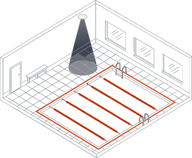 Isometric illustration of a pool deck with a ceiling sensor